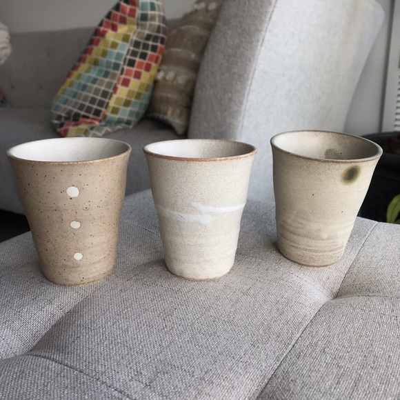 Set of 3 Ceramic Tea Cups - Beige White Polka Dot